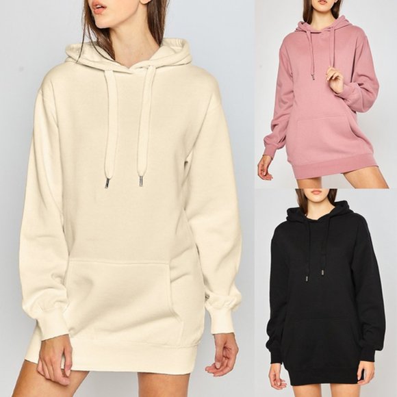 NEW Cream Hoodie Hooded Long Sleeves Ultra SOFT Cozy Long Sweatshirt Tunic Dress - Picture 6 of 8